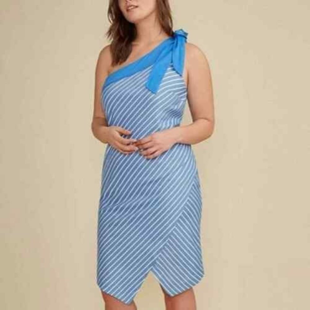 Glamour X Lane Bryant Blue White Striped Tulip Hem One Shoulder Dress 16